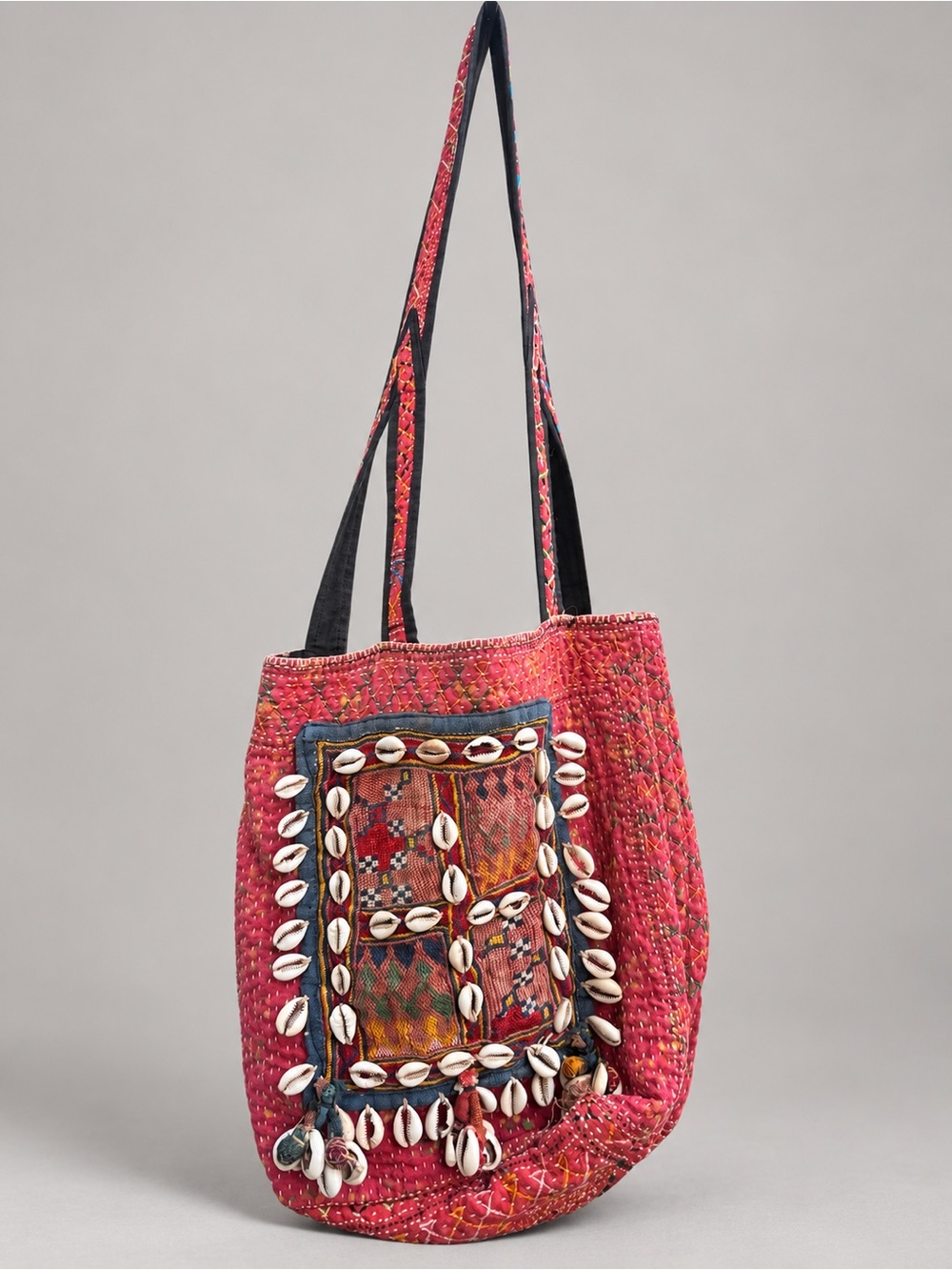 Vintage Boho Embroidered Cowrie Shell Shoulder Bag Red Textile Purse